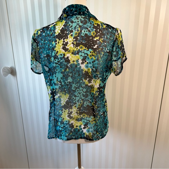 Worthington teal green blue yellow black sheer ruffled button down blouse Size M - Picture 3 of 8